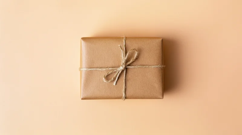 Gift box wrapped in kraft paper with twine bow on beige background