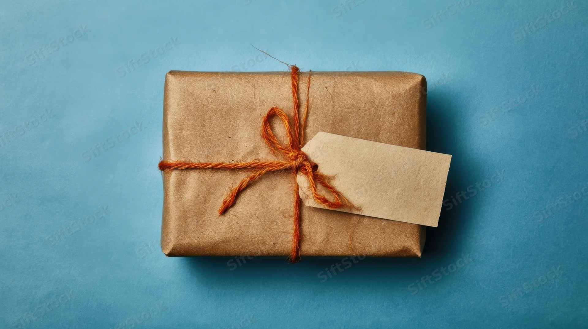 Gift wrapped in brown kraft paper with orange twine bow and tag on blue surface