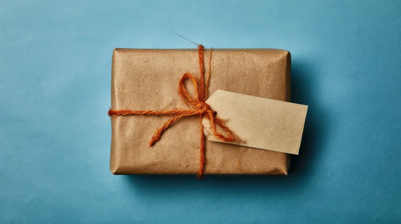 Gift wrapped in brown kraft paper with orange twine bow and tag on blue surface