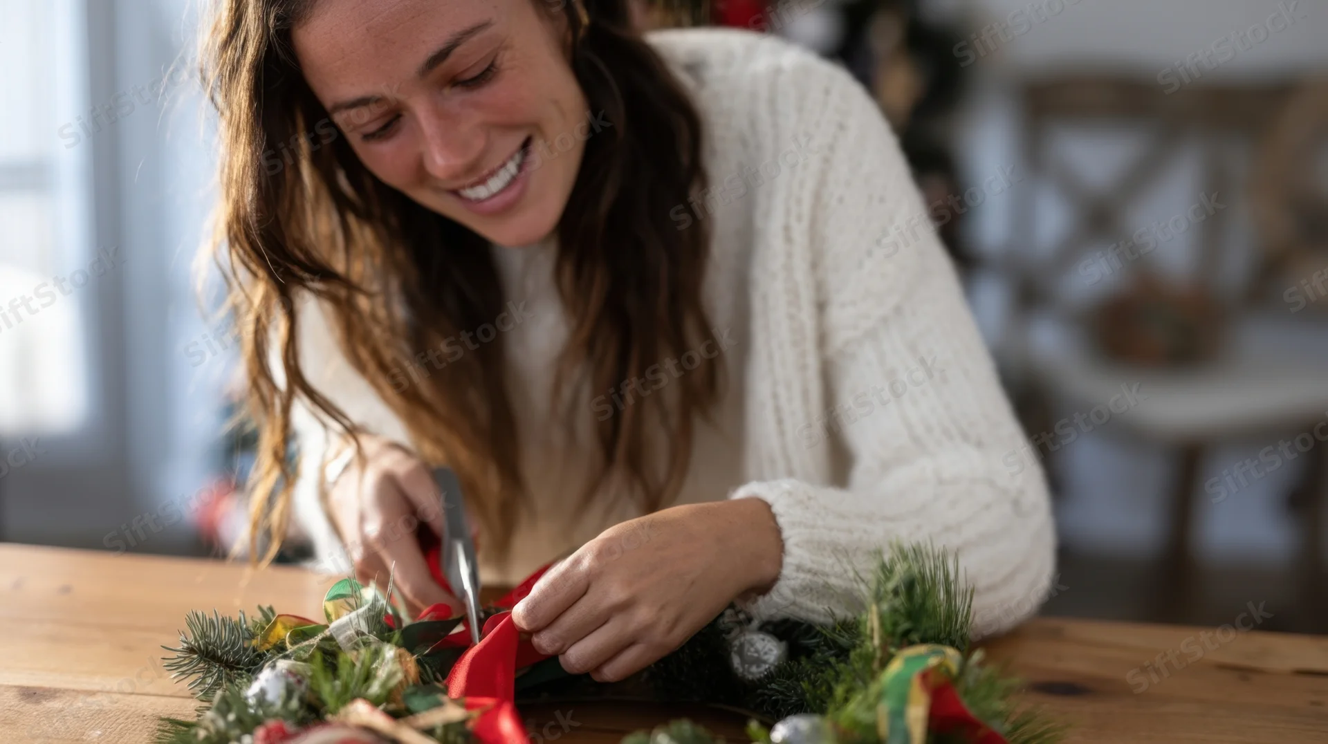 Woman crafting a christmas wreath on a wooden table with scissors and ribbon