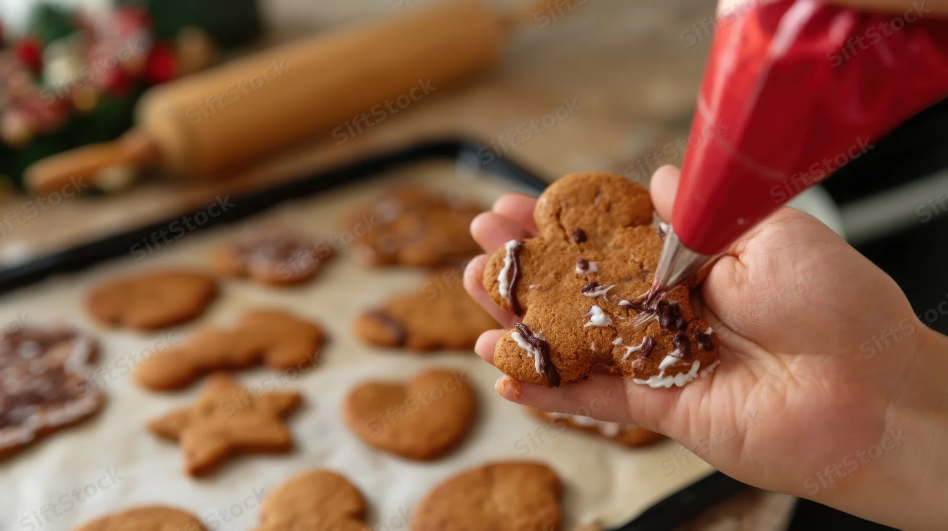 Hand decorating gingerbread cookie with red icing in kitchen setting