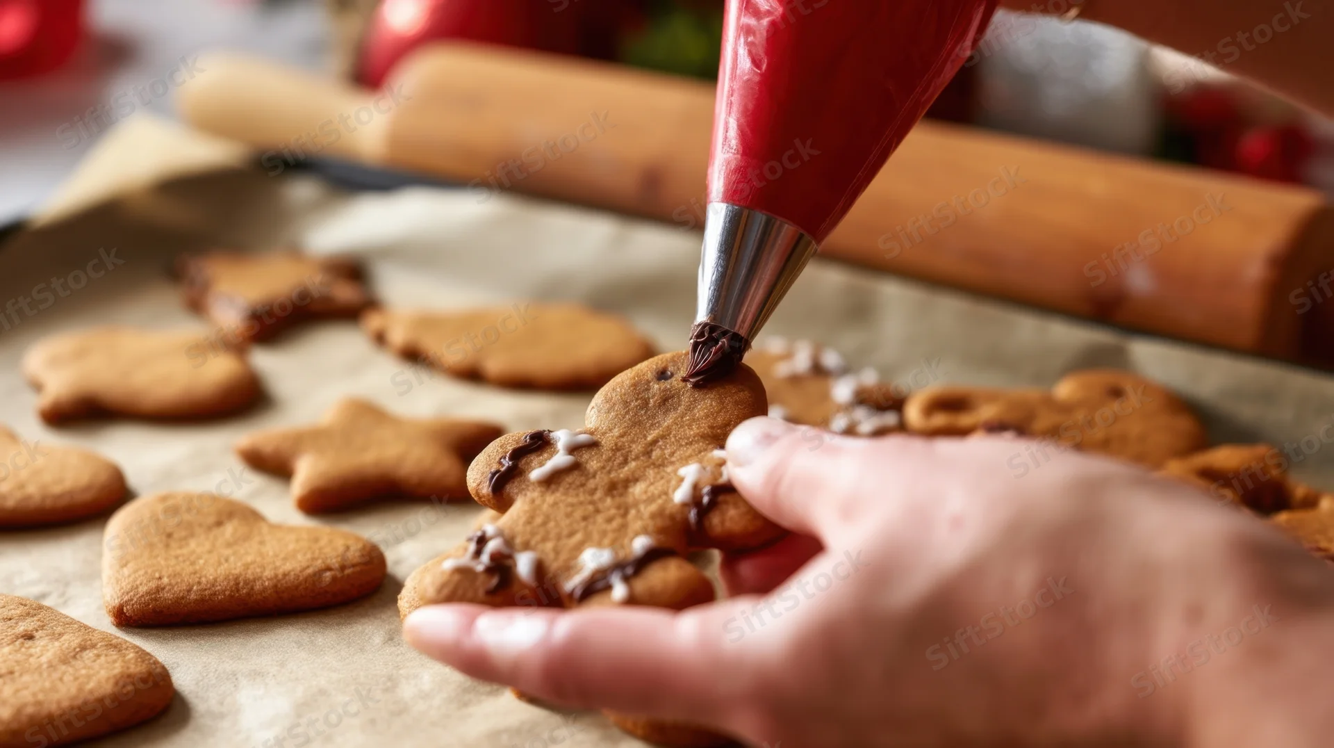 Woman decorating gingerbread cookie with chocolate icing on parchment-lined tray