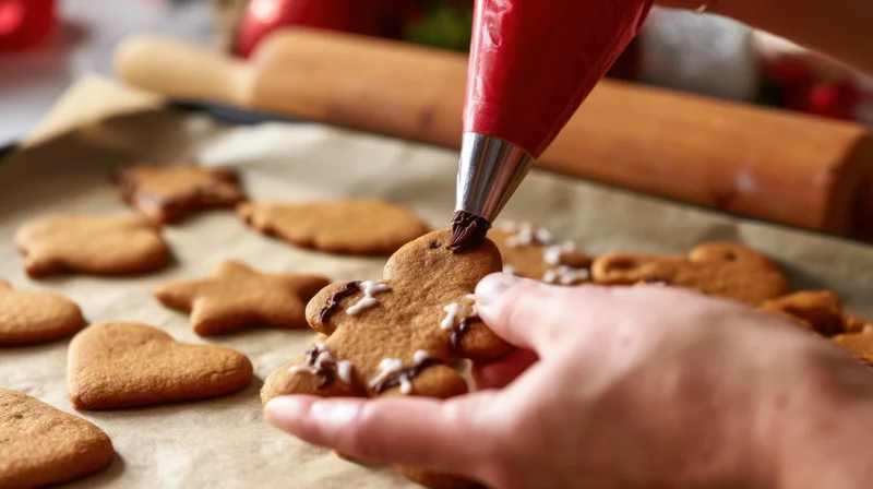 Woman decorating gingerbread cookie with chocolate icing on parchment-lined tray