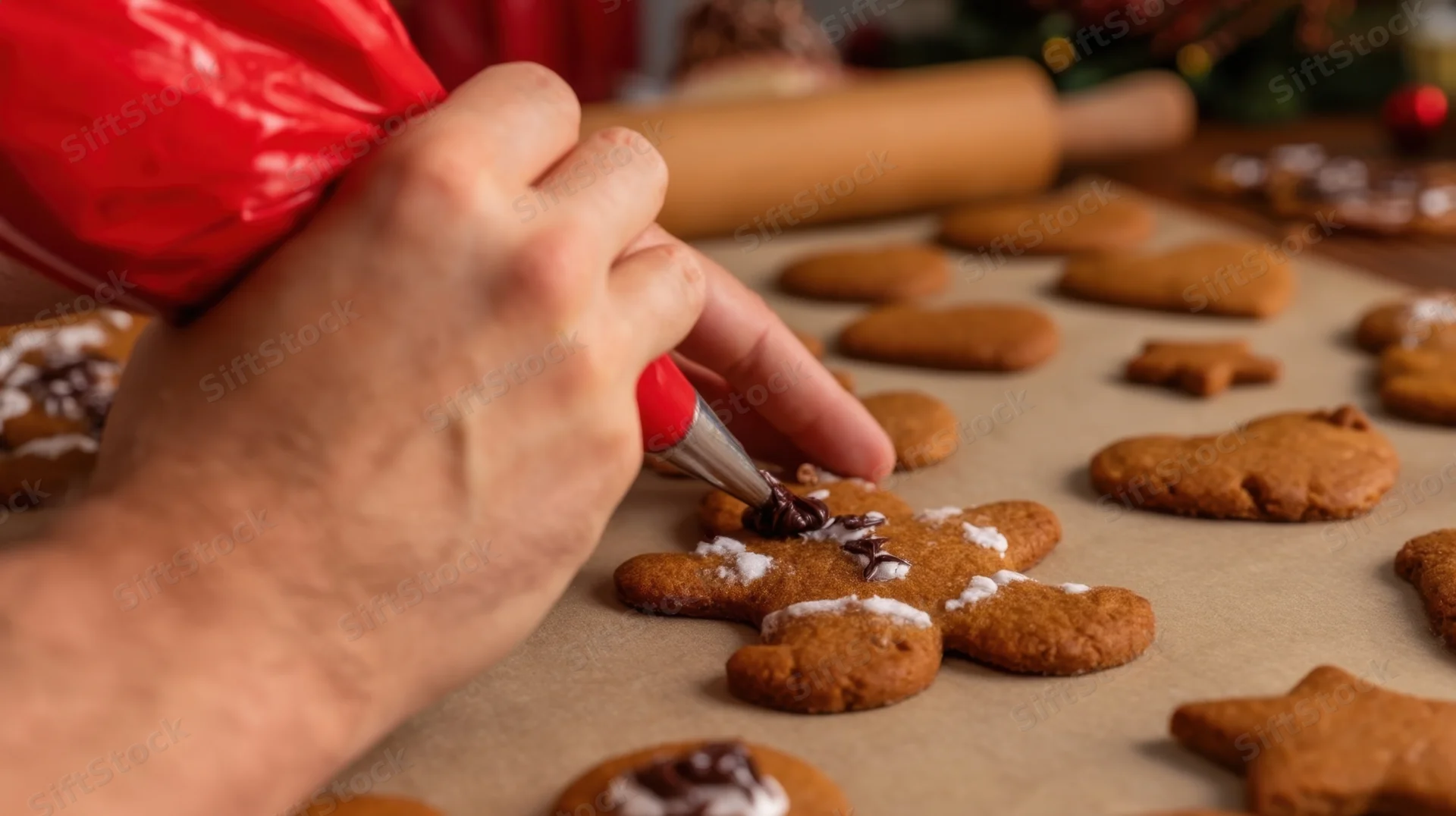 Hand decorating gingerbread cookie with chocolate icing on parchment paper in kitchen