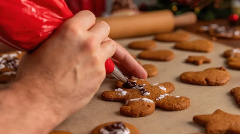 Hand decorating gingerbread cookie with chocolate icing on parchment paper in kitchen