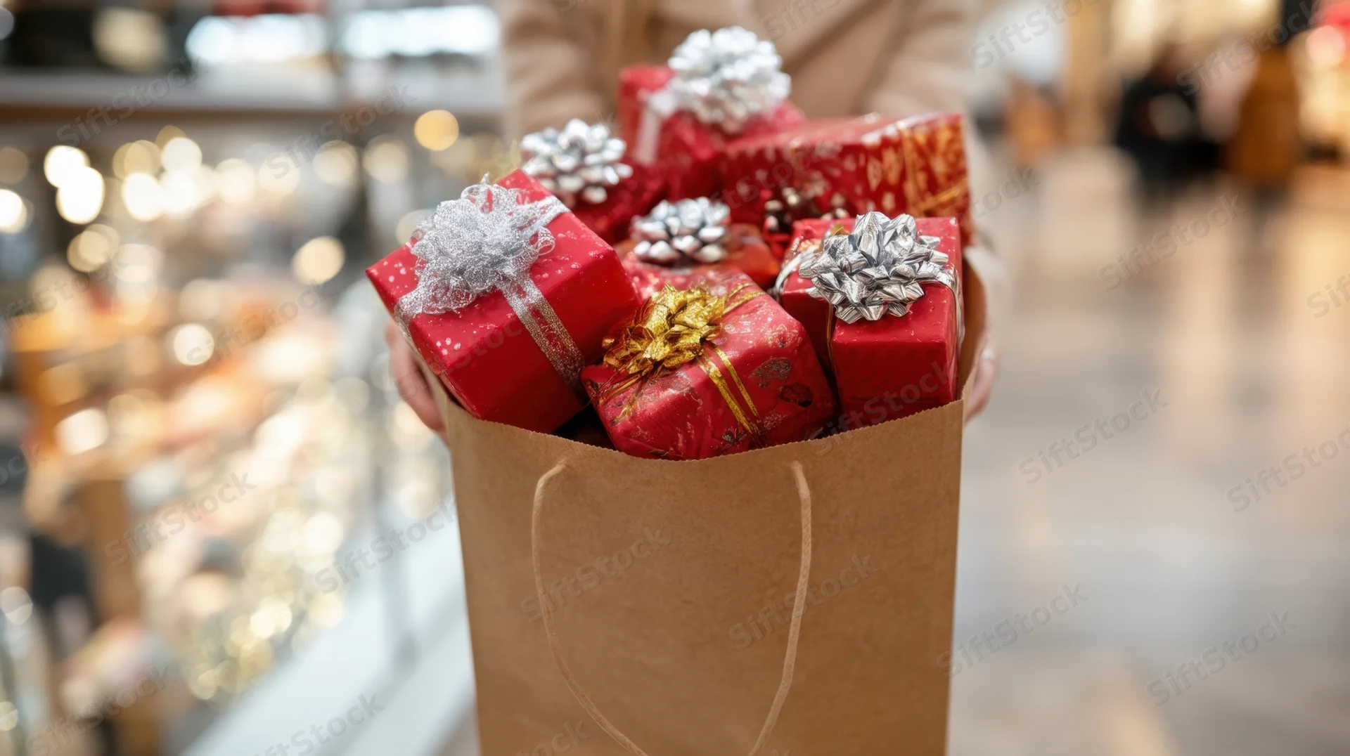 Person holding brown paper bag filled with red wrapped gifts in a store