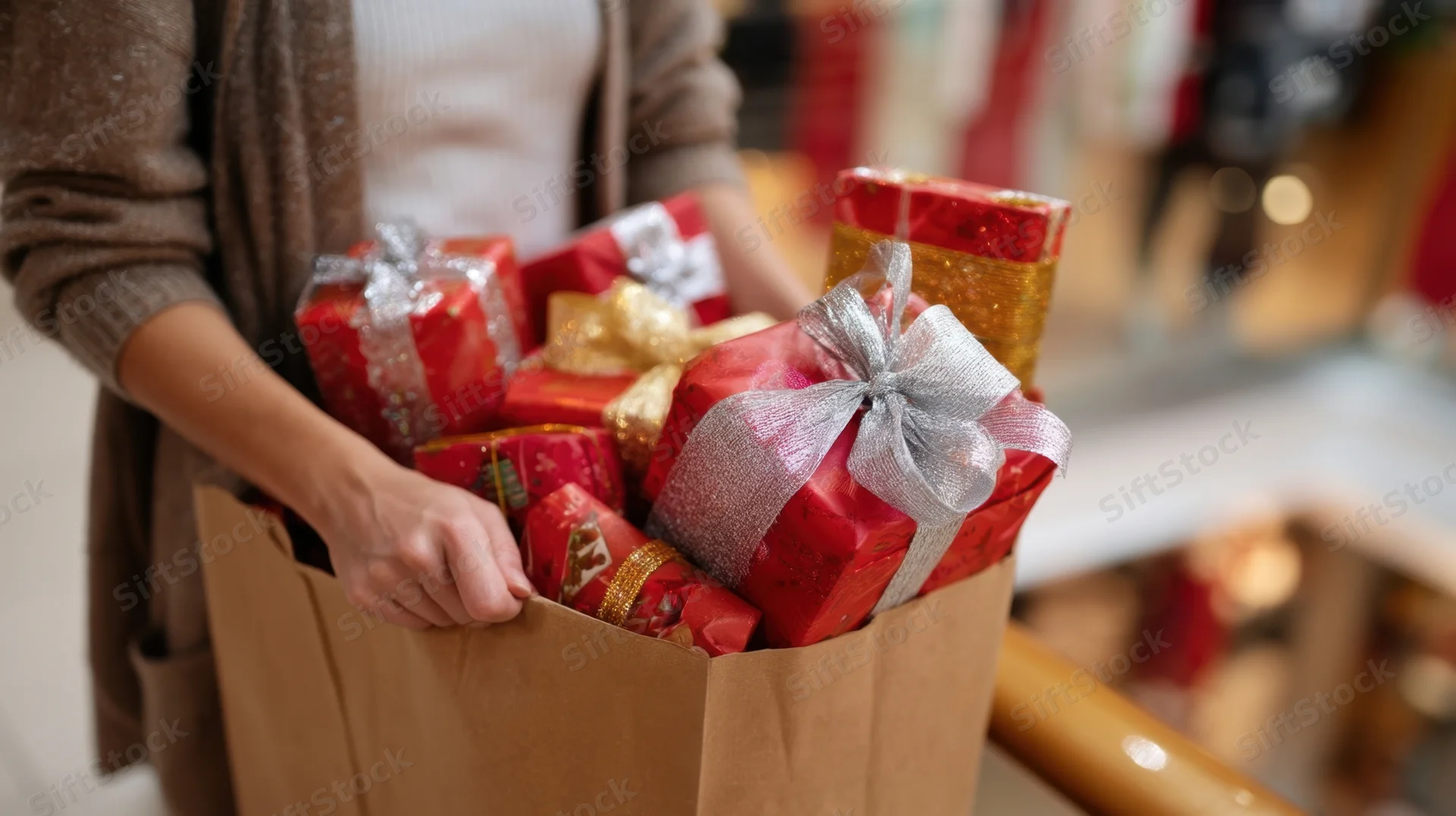 Woman holding a brown paper bag filled with wrapped christmas gifts in a store