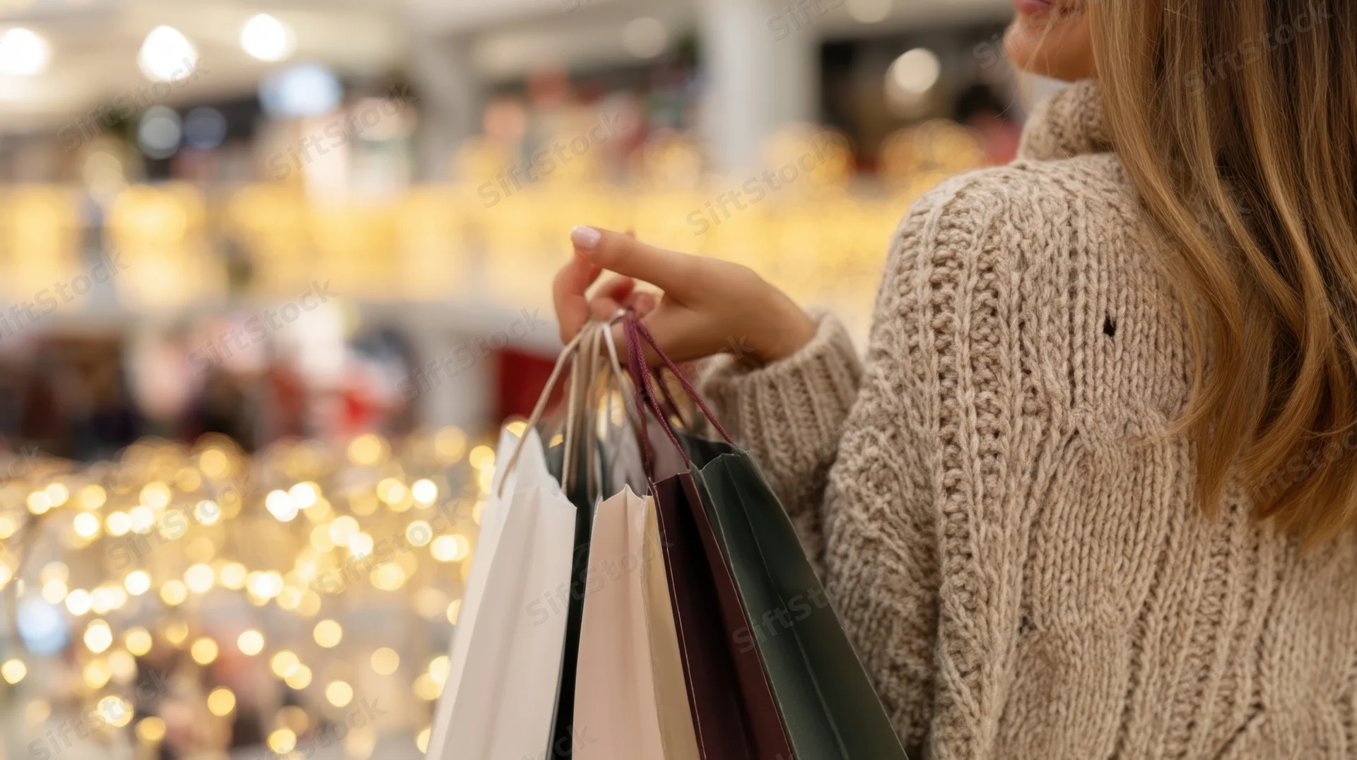 Woman holding multiple shopping bags in a decorated store interior