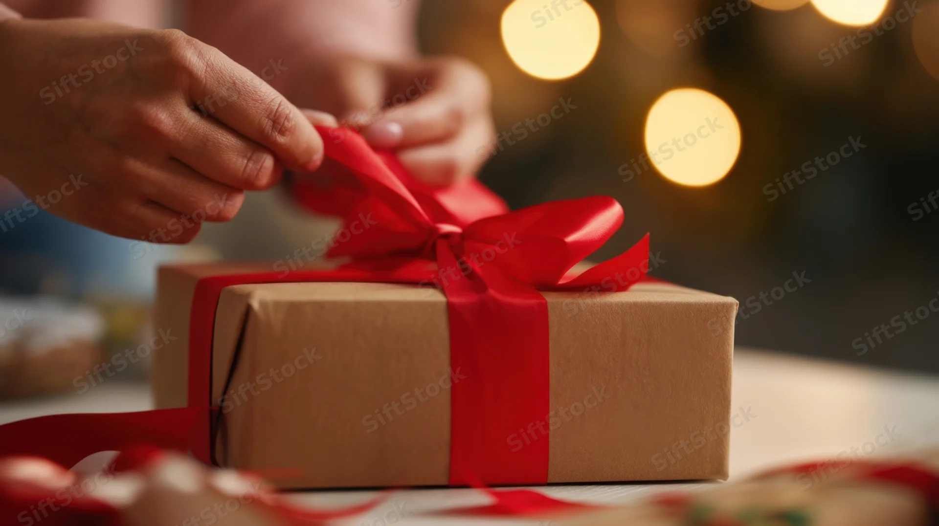 Hands tying a red ribbon on a brown gift box on a table with blurred holiday lights in the background