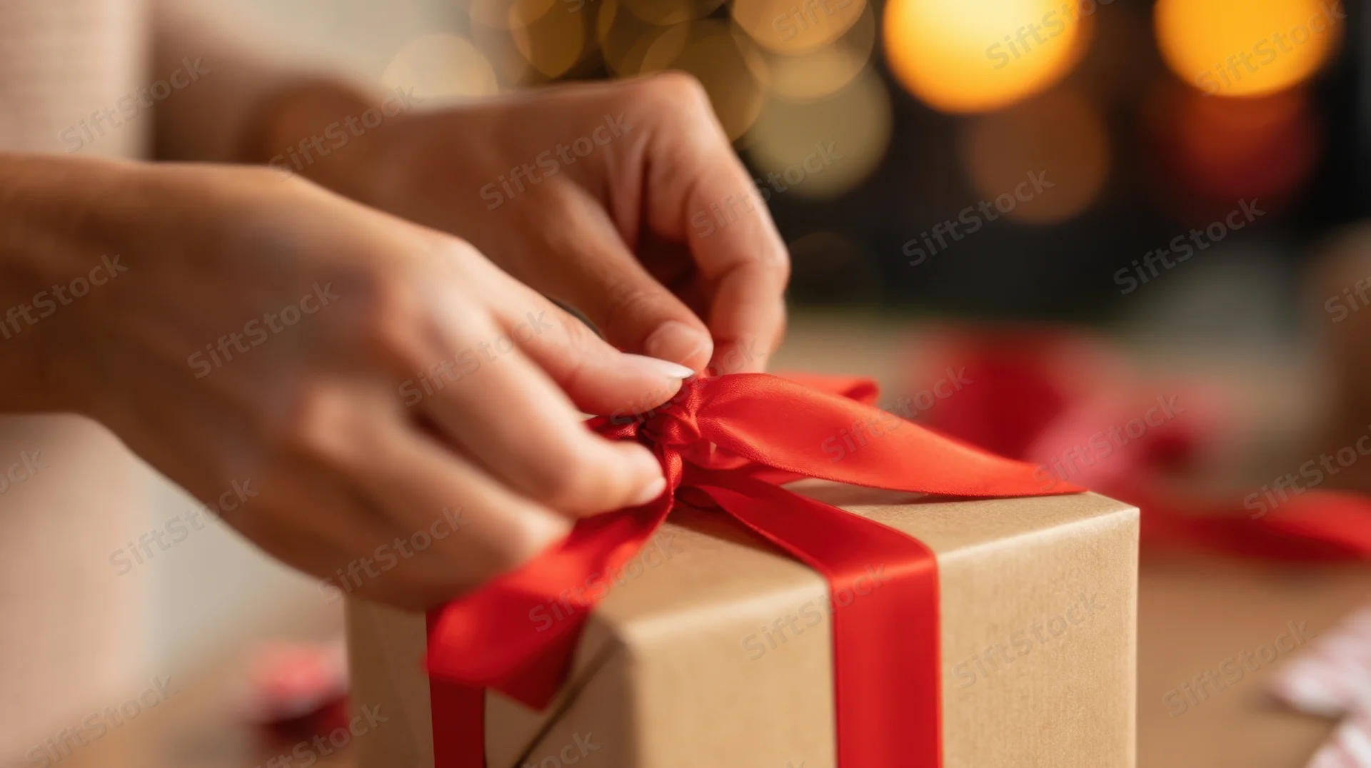 Woman's hands tying a red ribbon on a brown gift box indoors
