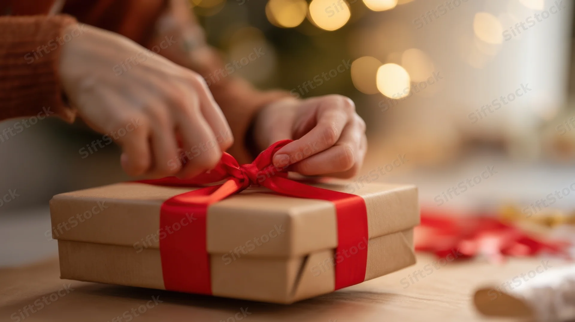 Hands tying a red ribbon on a brown gift box on a wooden table
