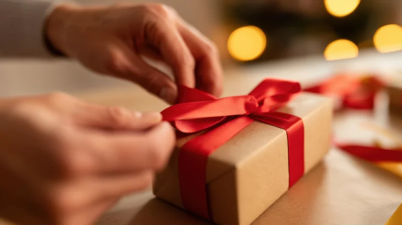 Hands tying a red ribbon on a brown gift box on a table with blurred holiday lights in the background