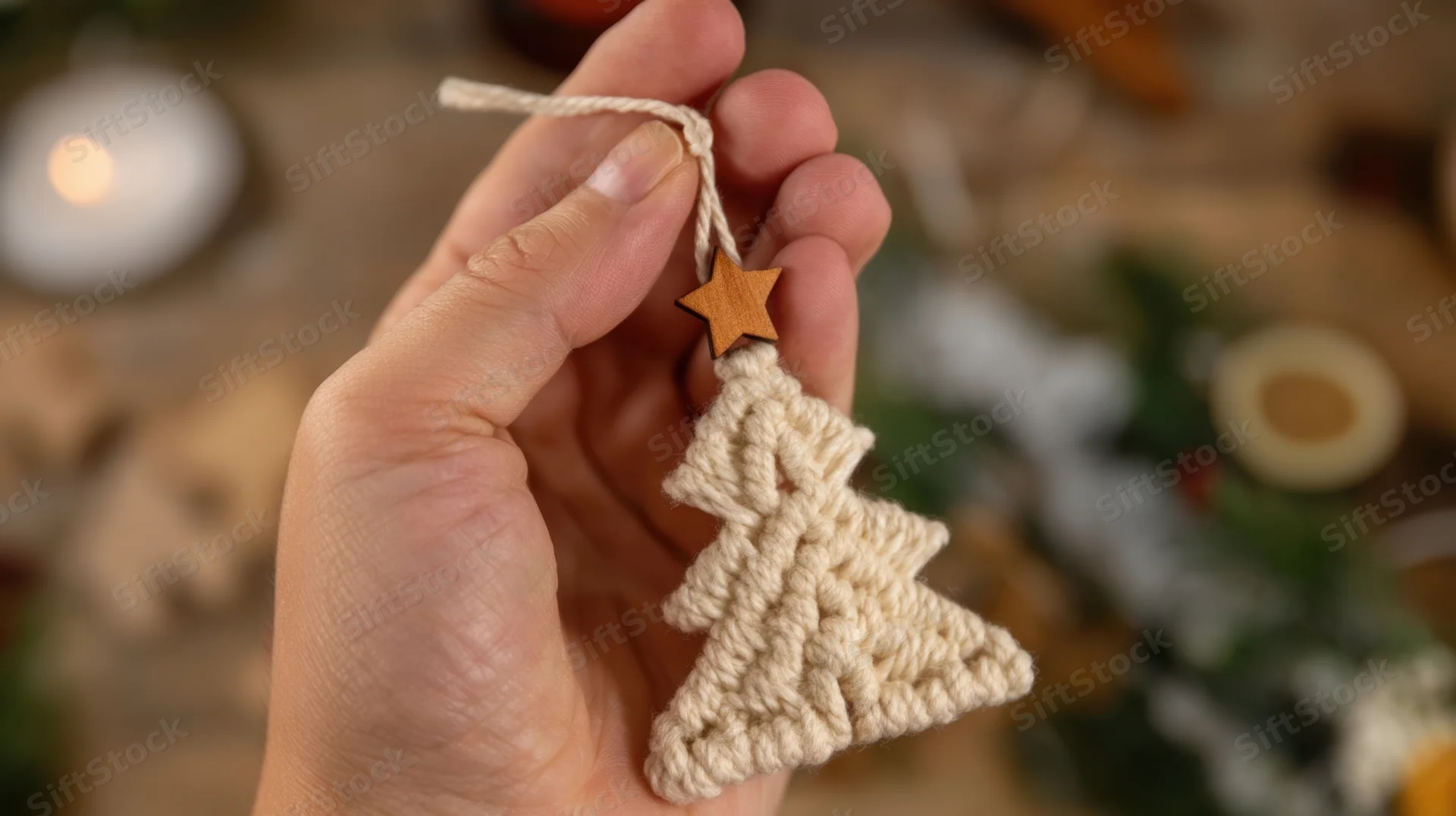 Hand holding a small macrame christmas tree ornament with wooden star against a festive background