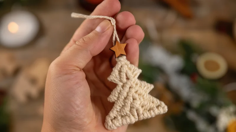Hand holding a small macrame christmas tree ornament with wooden star against a festive background
