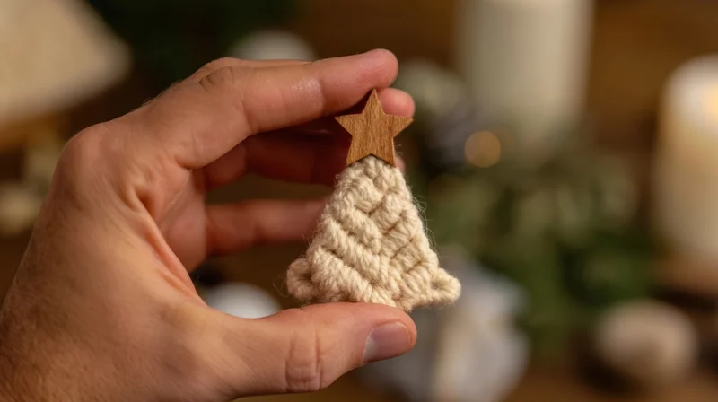Hand holding a small macrame christmas tree ornament with wooden star top near candles and greenery