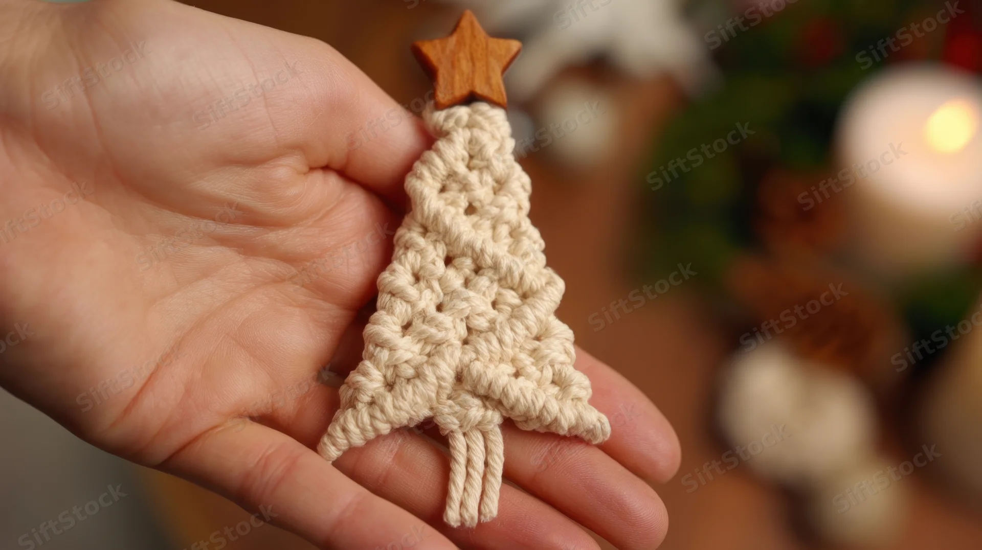 Hand holding small macrame christmas tree ornament with wooden star on top