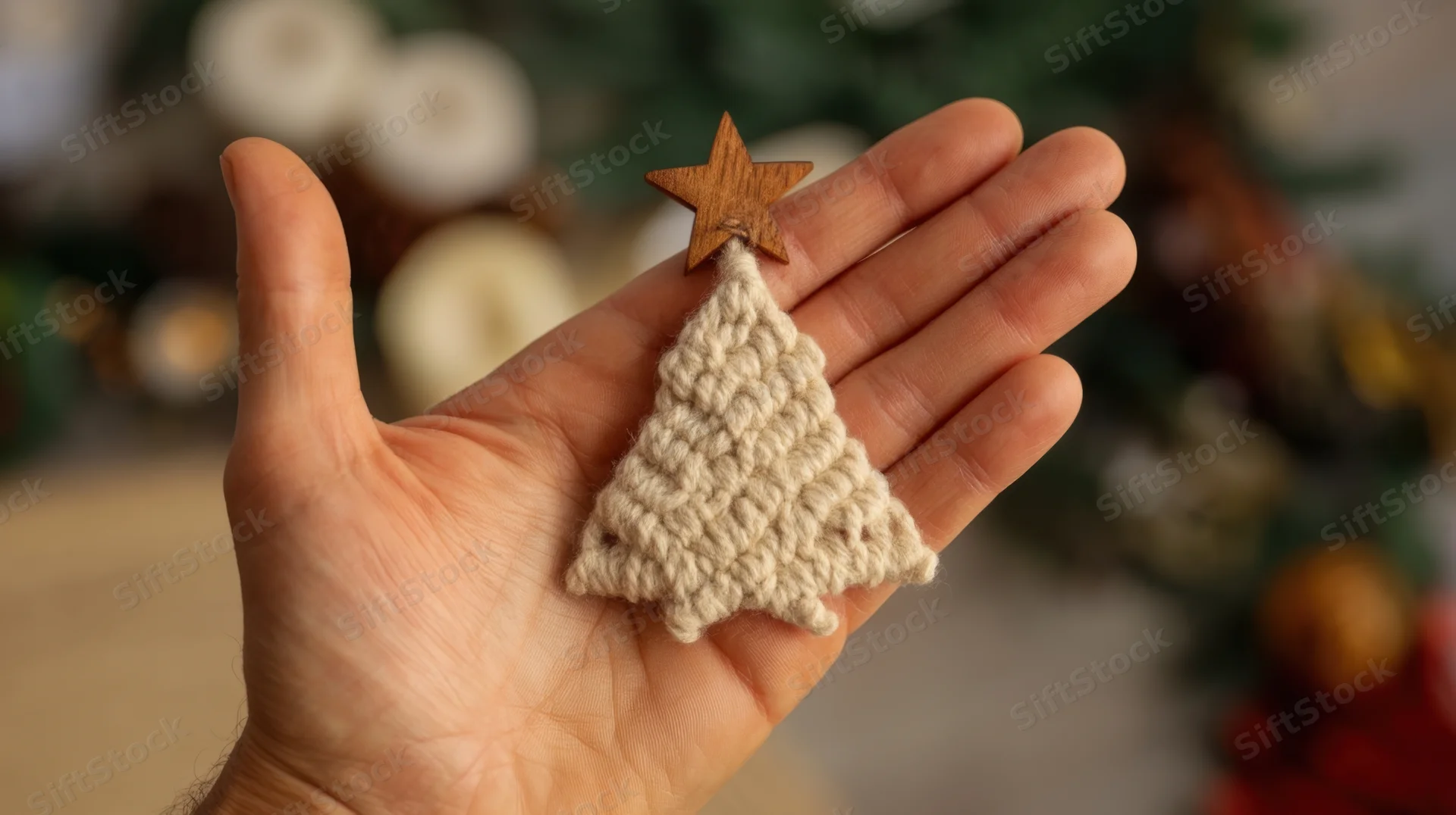 Hand holding a small knitted christmas tree ornament with wooden star on palm, blurred holiday decor in background