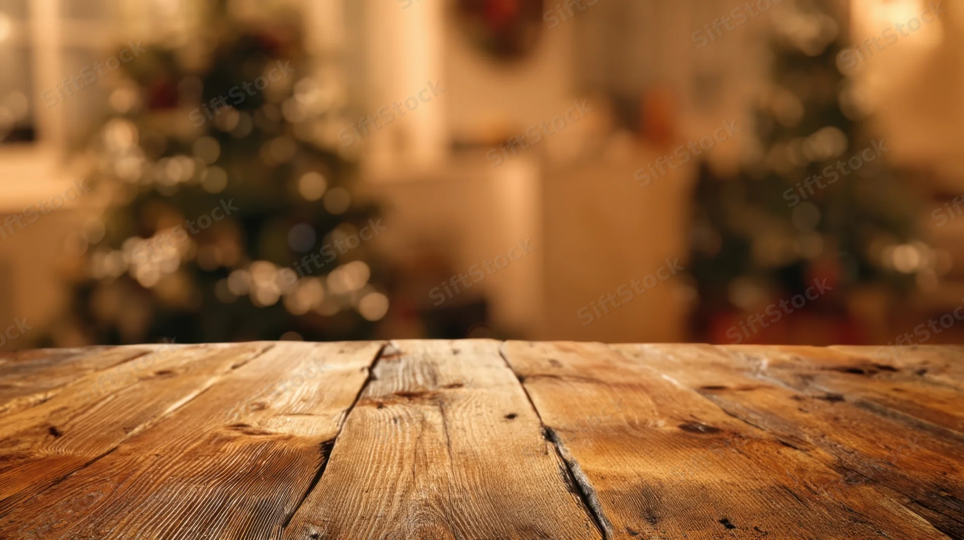 Rustic wooden table in foreground with blurred christmas decor in background