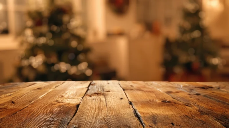 Rustic wooden table in foreground with blurred christmas decor in background