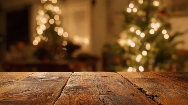 Rustic wooden table in foreground with blurred christmas tree and lights in background