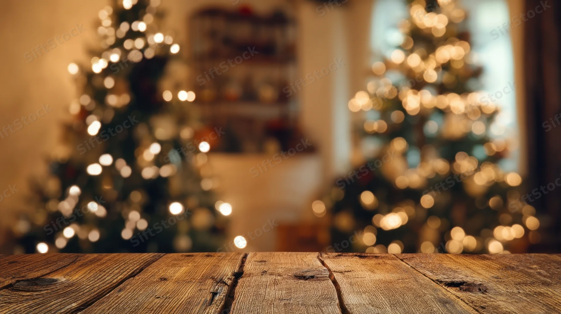 Rustic wooden table in foreground with blurred christmas trees and lights in background