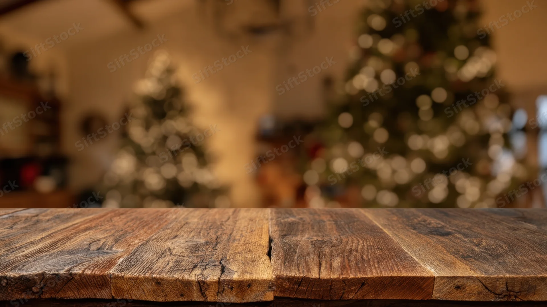Rustic wooden table in foreground with blurred christmas tree and lights in background