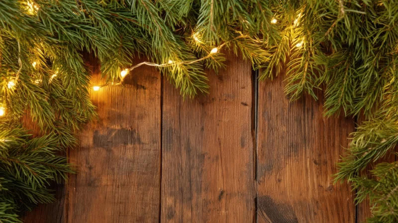 Pine branches with string lights framing a rustic wooden table surface