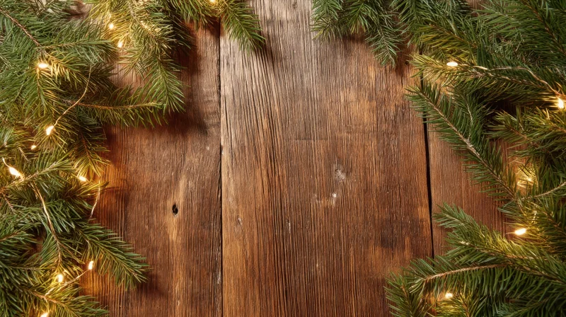 Pine branches with fairy lights framing a rustic wooden table surface
