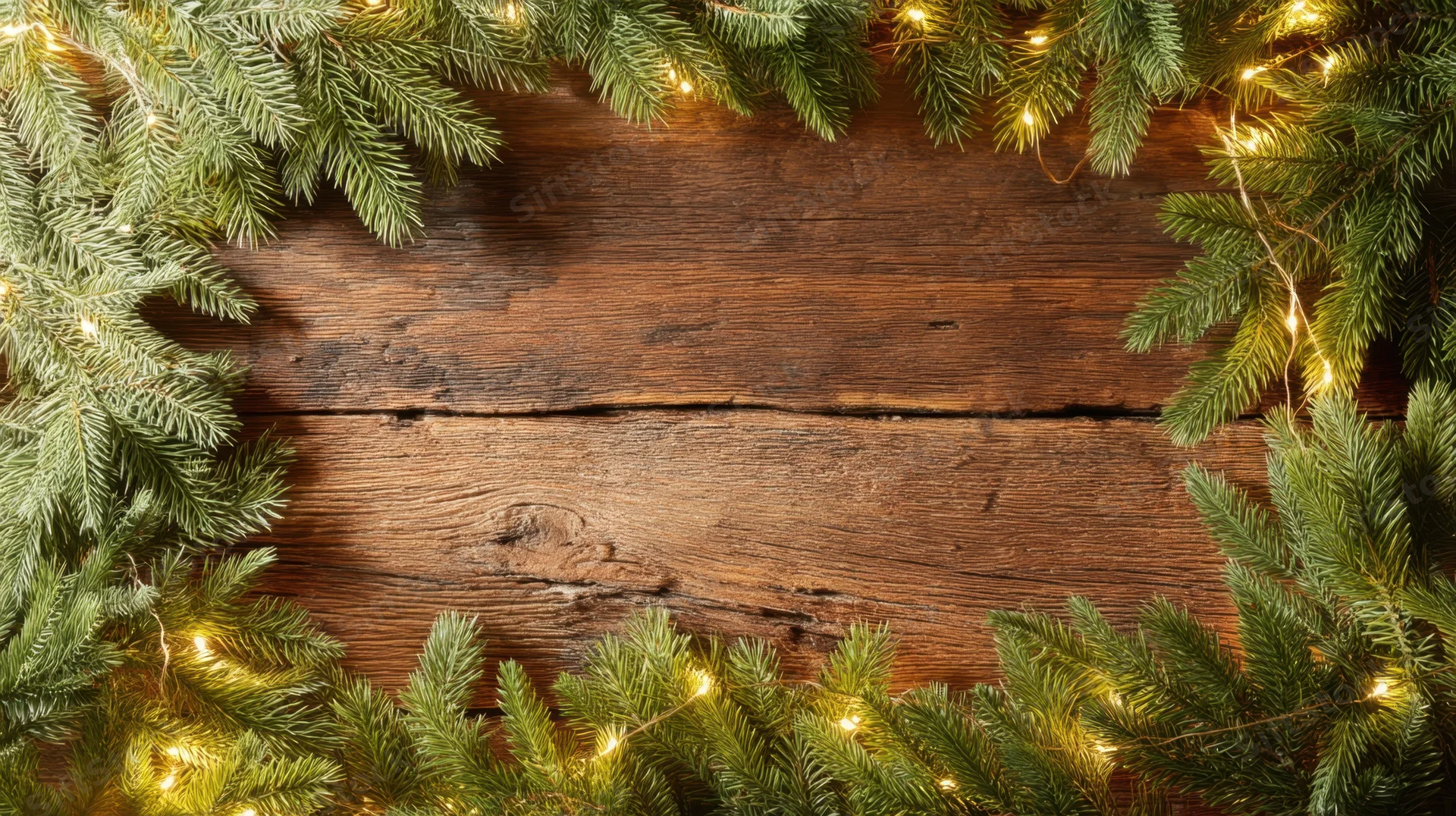 Pine branches with fairy lights framing a rustic wooden table surface