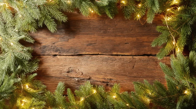 Evergreen Garland Framing a Rustic Wooden Background with Warm Holiday String Lights