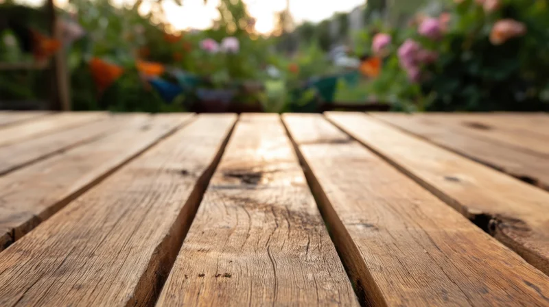 Rustic wooden table with weathered planks in a garden setting at sunset