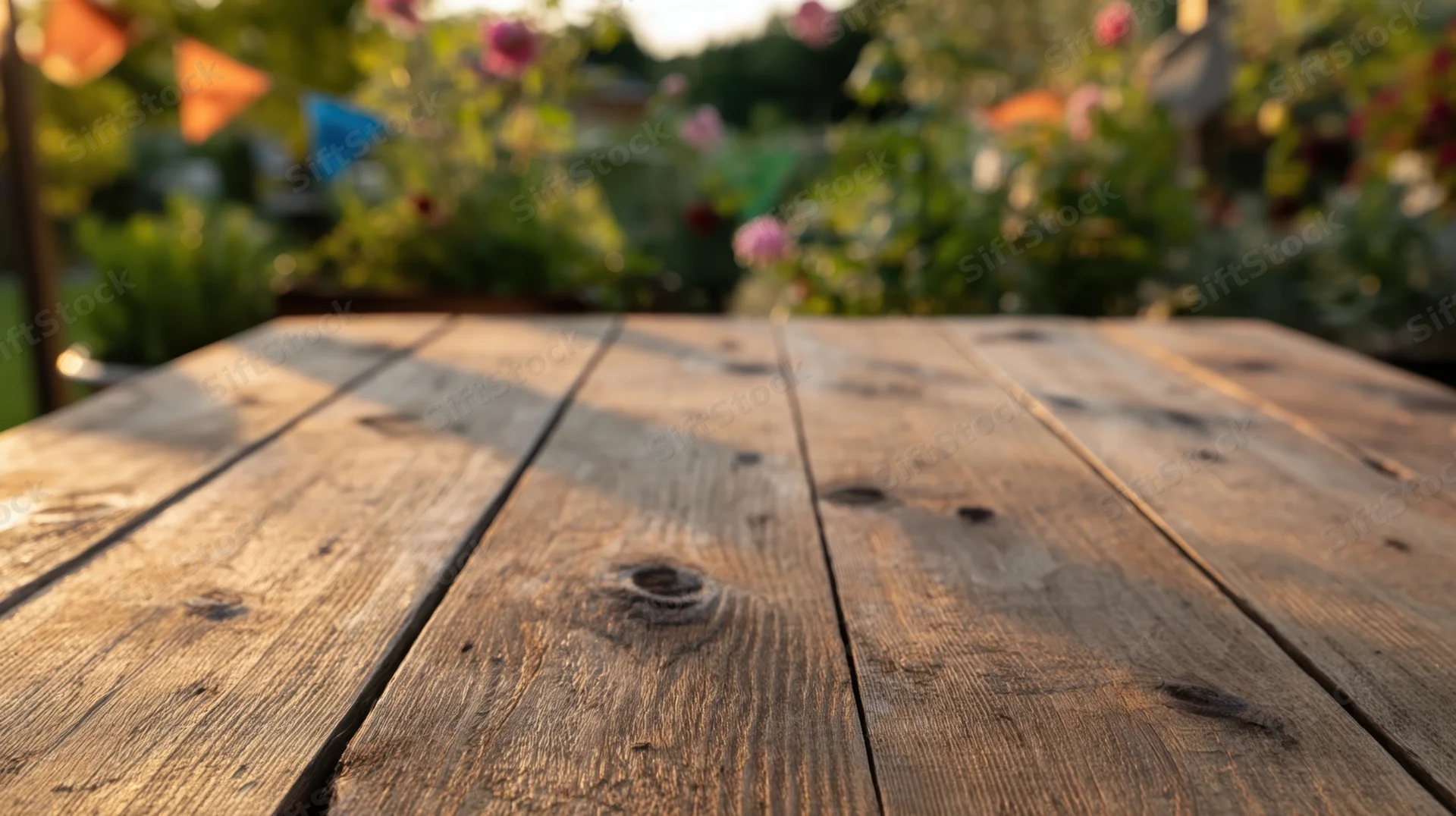 Rustic wooden table surface in a garden with flowers and bunting in the background