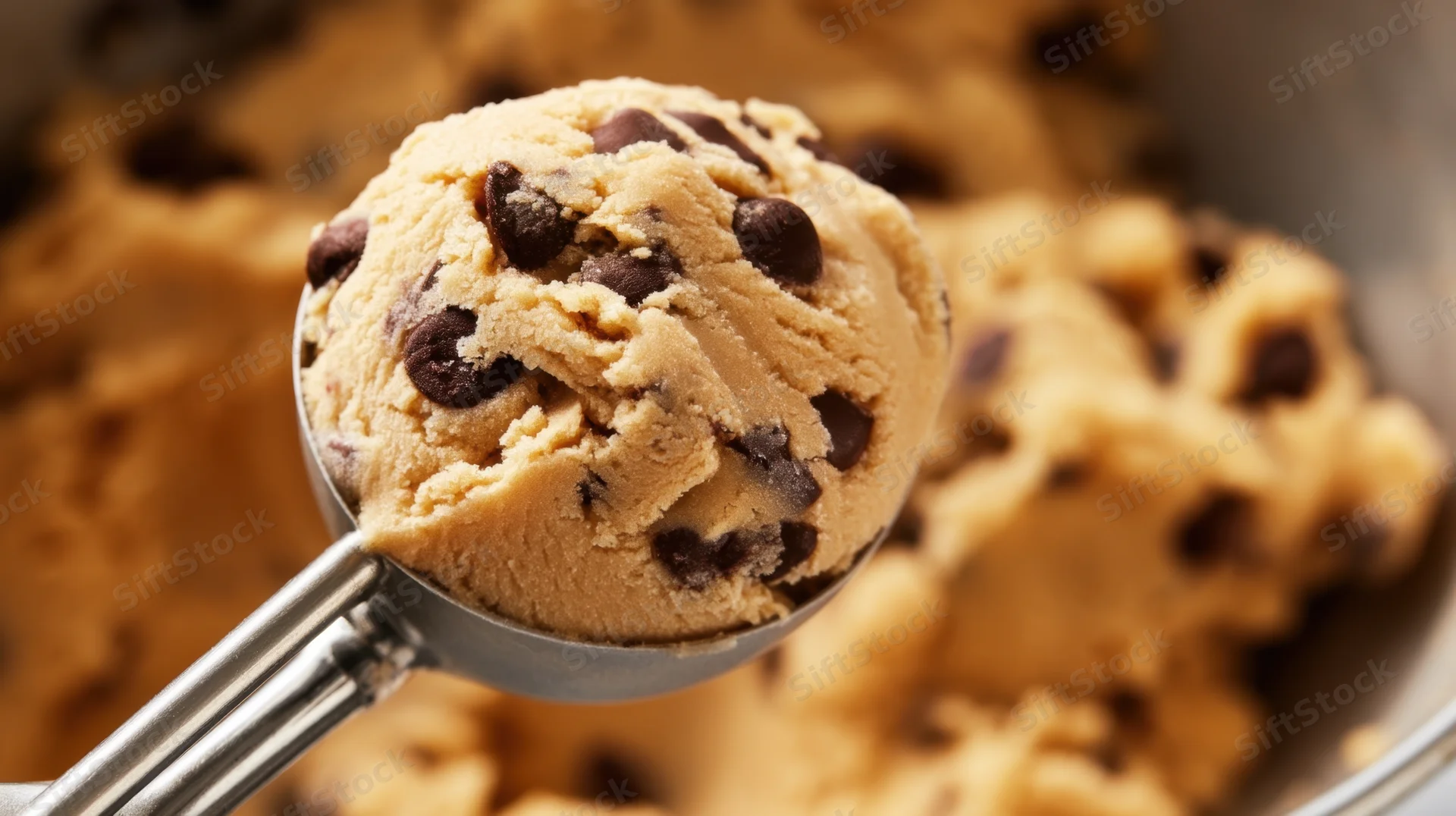 Metal scoop holding chocolate chip cookie dough above a mixing bowl