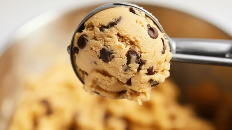 Metal scoop holding chocolate chip cookie dough above a bowl