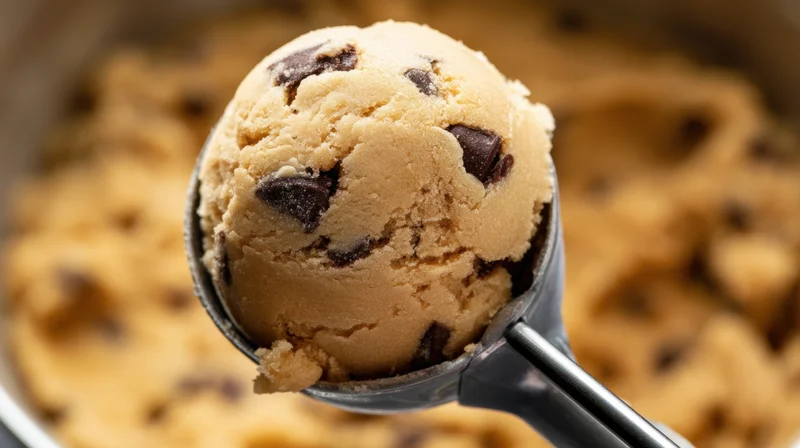 Metal scoop holding a ball of chocolate chip cookie dough above a mixing bowl
