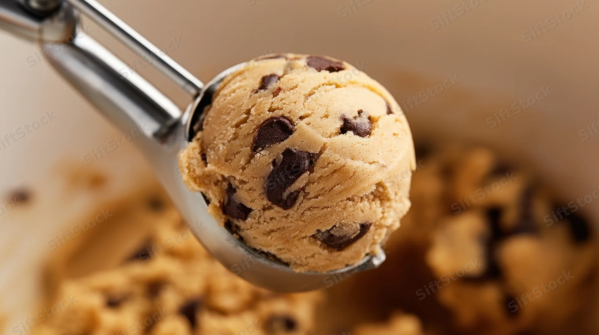 Metal scoop holding a ball of chocolate chip cookie dough above a bowl