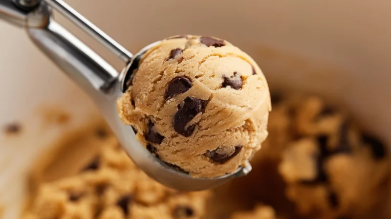 Metal scoop holding a ball of chocolate chip cookie dough above a bowl