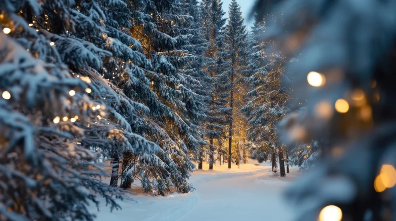 Snow-covered evergreen trees lining a path in a winter forest at twilight with warm lights glowing through branches