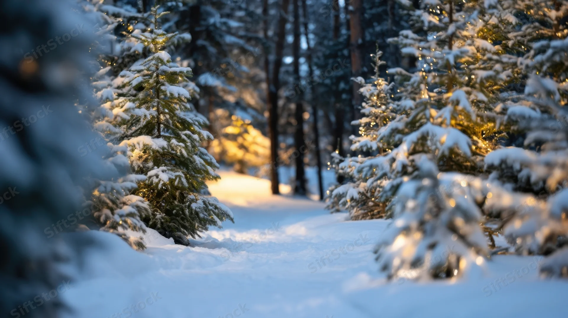 Snow-covered evergreen trees lining a quiet forest path at twilight