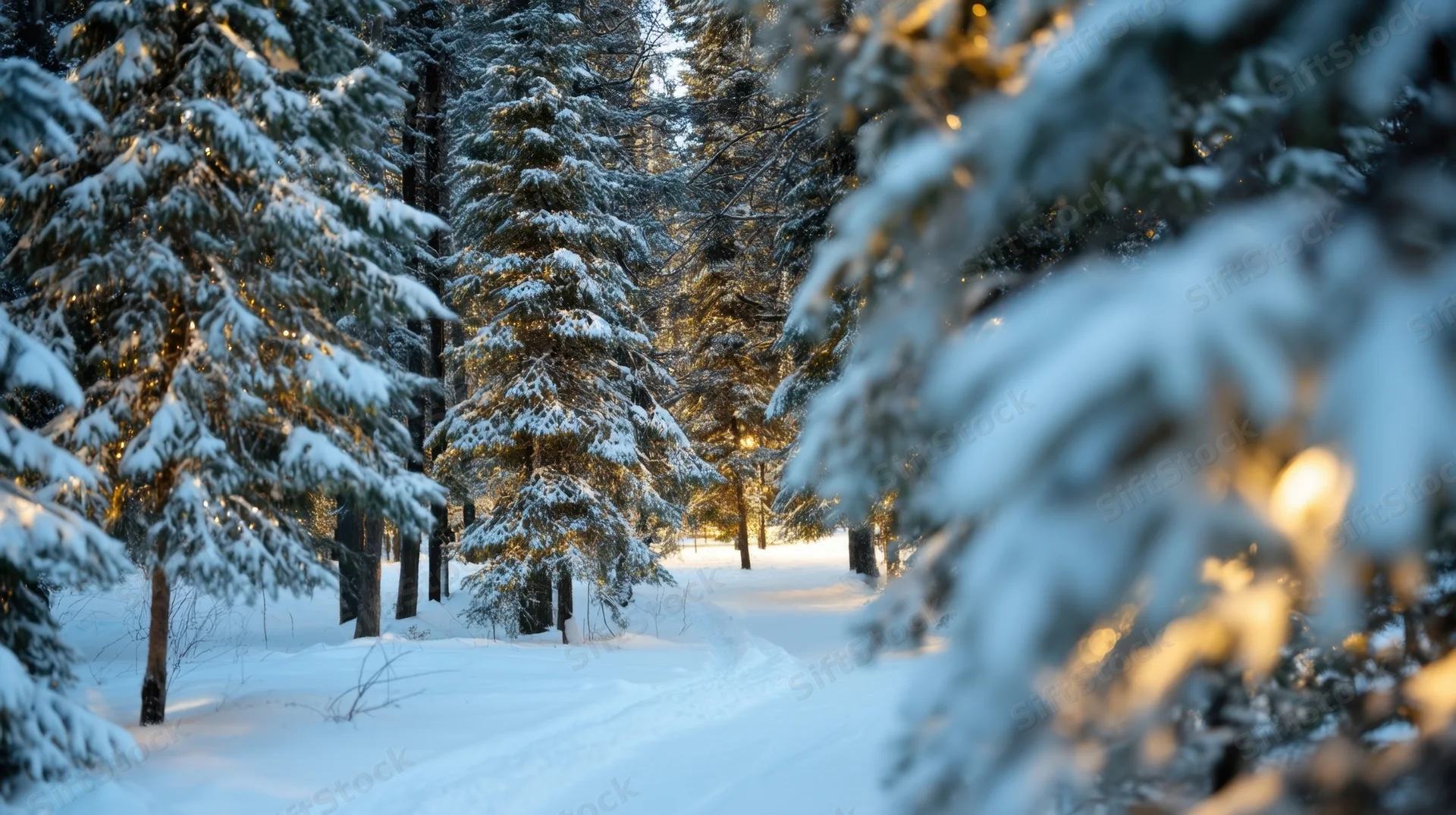 Snow-covered evergreen trees lining a quiet path through a winter forest at golden hour