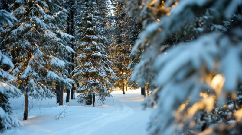 Snow-covered evergreen trees lining a quiet path through a winter forest at golden hour