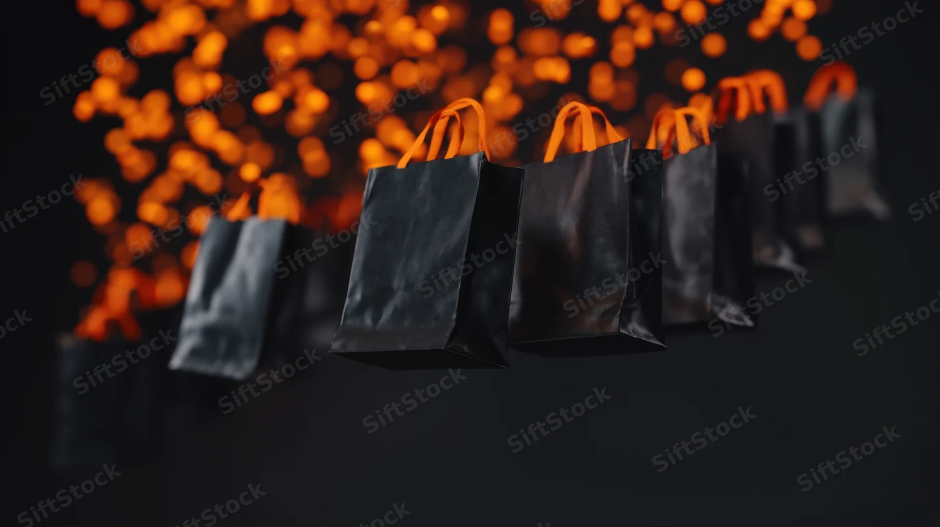Black shopping bags with orange handles suspended in front of glowing bokeh lights