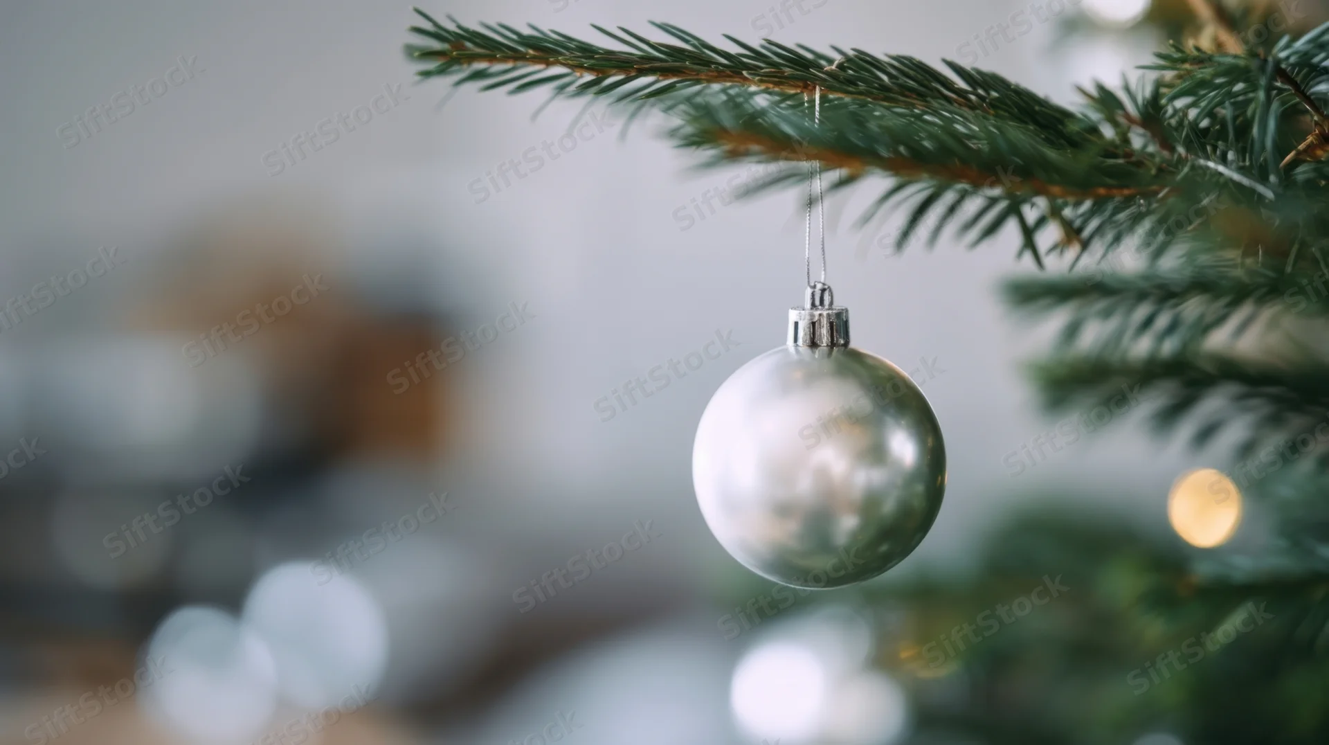 Silver ornament hanging from a pine tree branch indoors