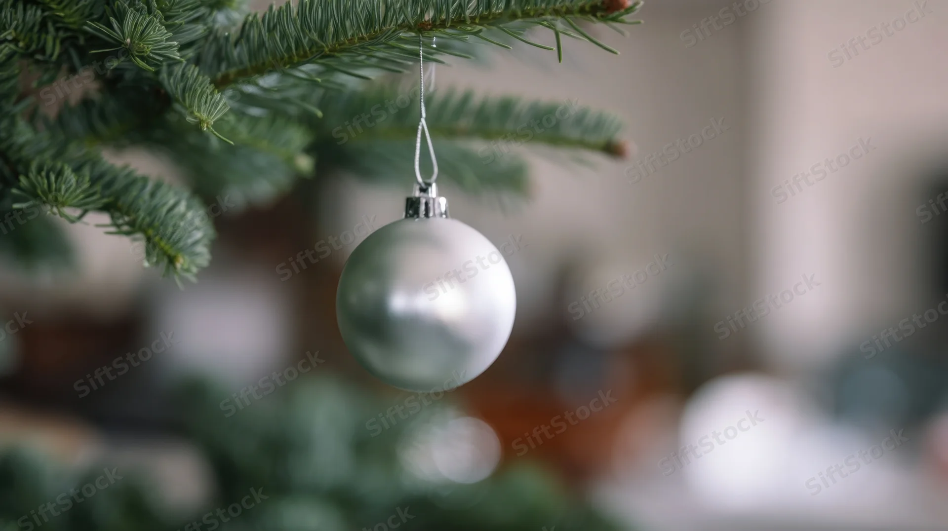 Silver ornament hanging from a pine tree branch indoors