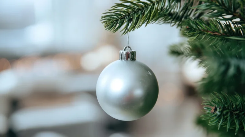 Silver christmas ornament hanging from a pine tree branch indoors