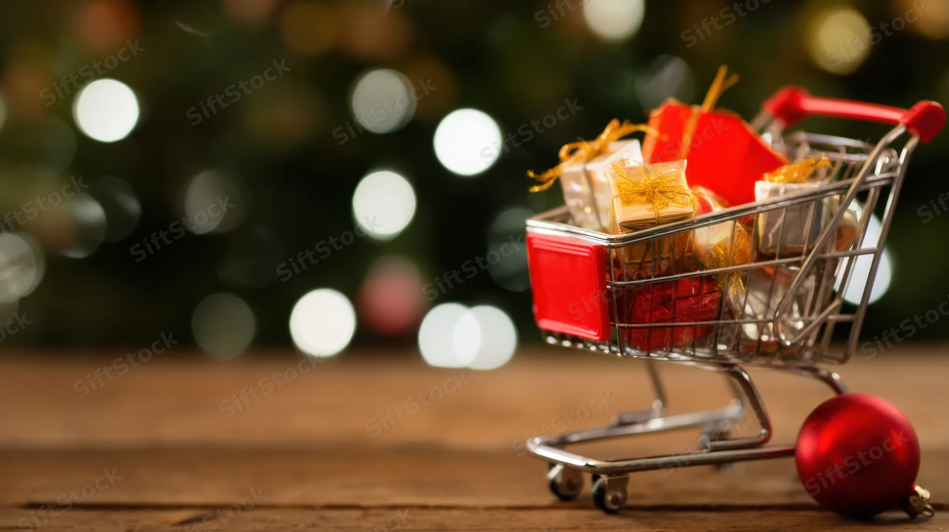 Miniature shopping cart filled with wrapped christmas gifts on wooden surface with blurred holiday lights in background