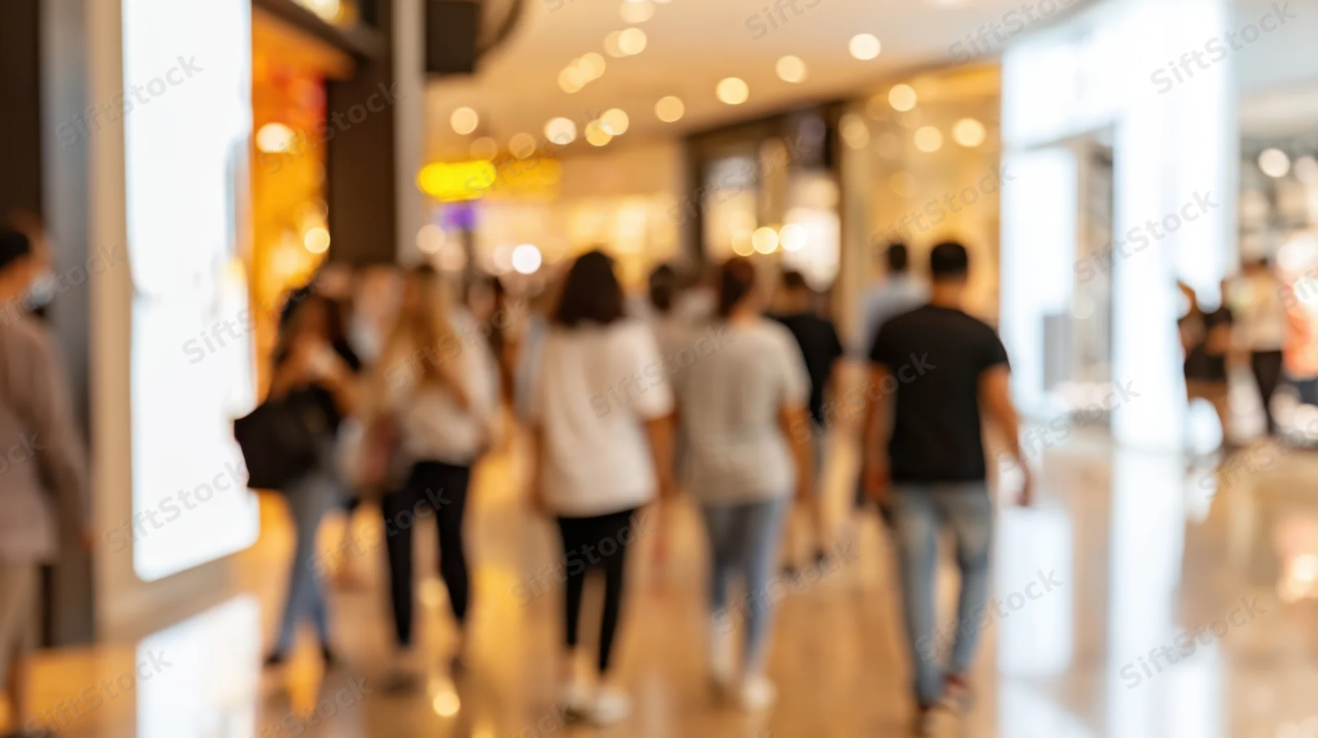 Blurred view of people walking through a shopping mall interior with bokeh lights and storefronts