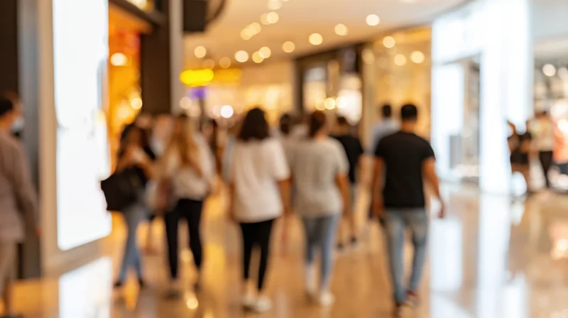 Blurred view of people walking through a shopping mall interior with bokeh lights and storefronts