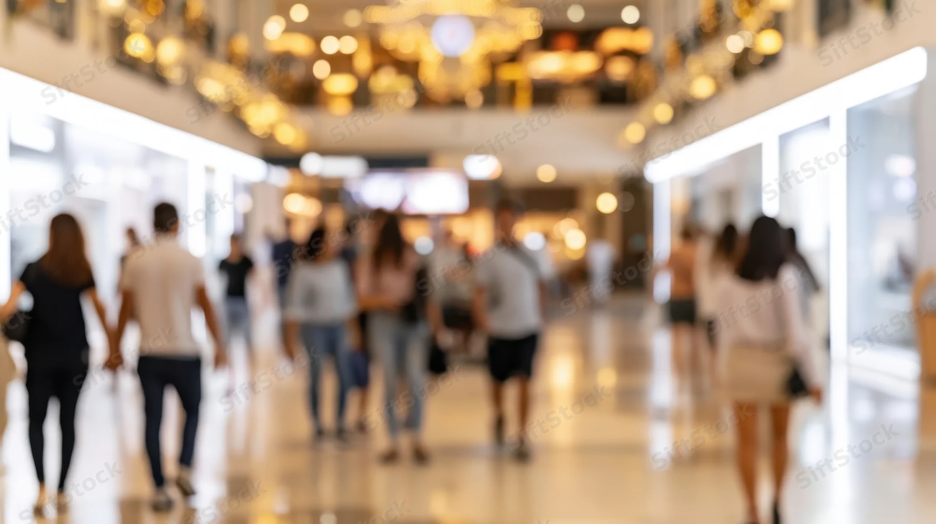 Blurred view of people walking through a shopping mall interior with bokeh lights overhead
