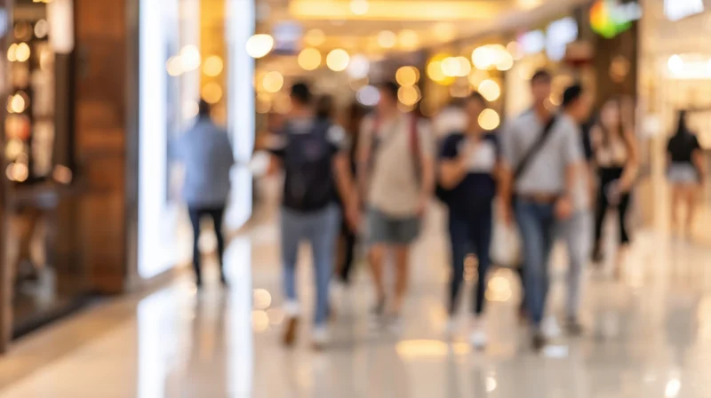 Blurred view of people walking through a shopping mall interior with bokeh lights and reflections on the floor